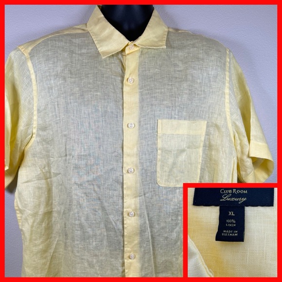Club‎ Room Shirt Mens XL Colorful Yellow100% Linen Button Up Short Sleeve - Picture 1 of 4
